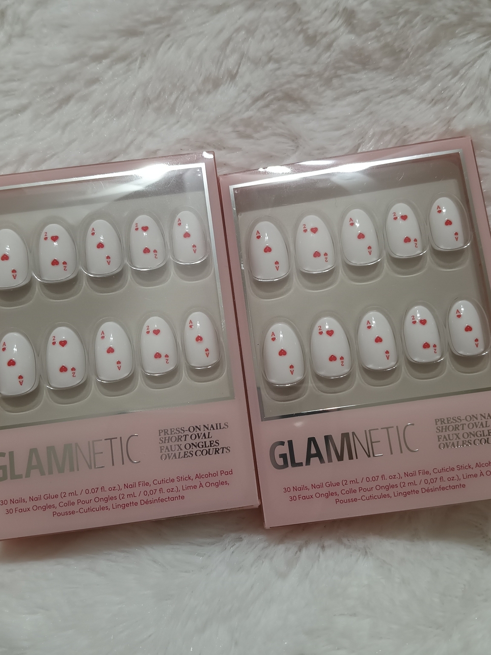 White Press-On Short Oval Nails with Red Heart Accents